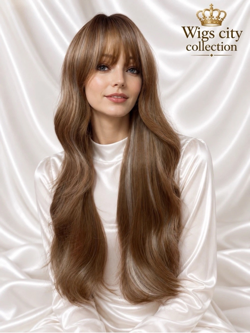27” Human Hair Blend❤️ Highlights Natural Blonde Women Wig Bangs Heat Resistant